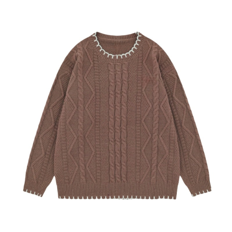 Retro Reddish-Brown Cable Knit Crew Neck Sweater