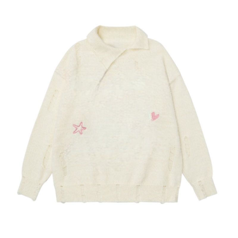 Ripped Knitted Asymmetrical Neck Sweater