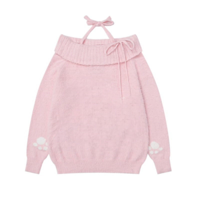 Pink Off-Shoulder Halter Neck Sweater